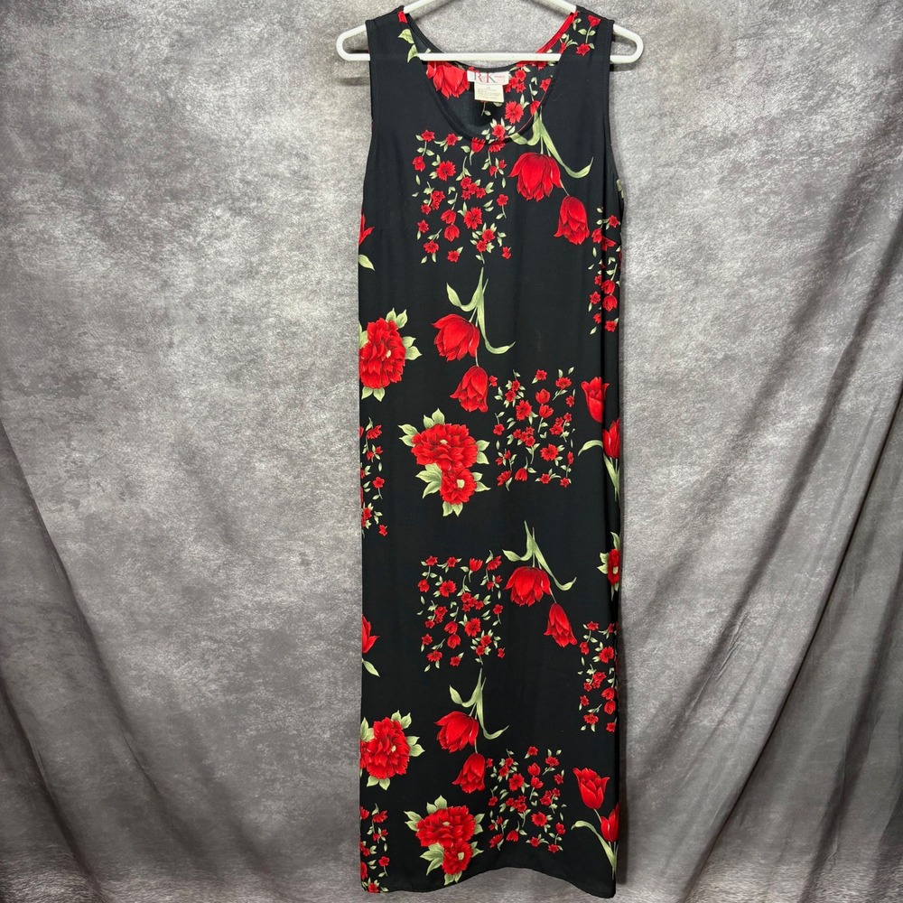 Vintage Y2K R&K Originals Black Red Floral Maxi Dress Sz 14 Whimsigoth Romantic